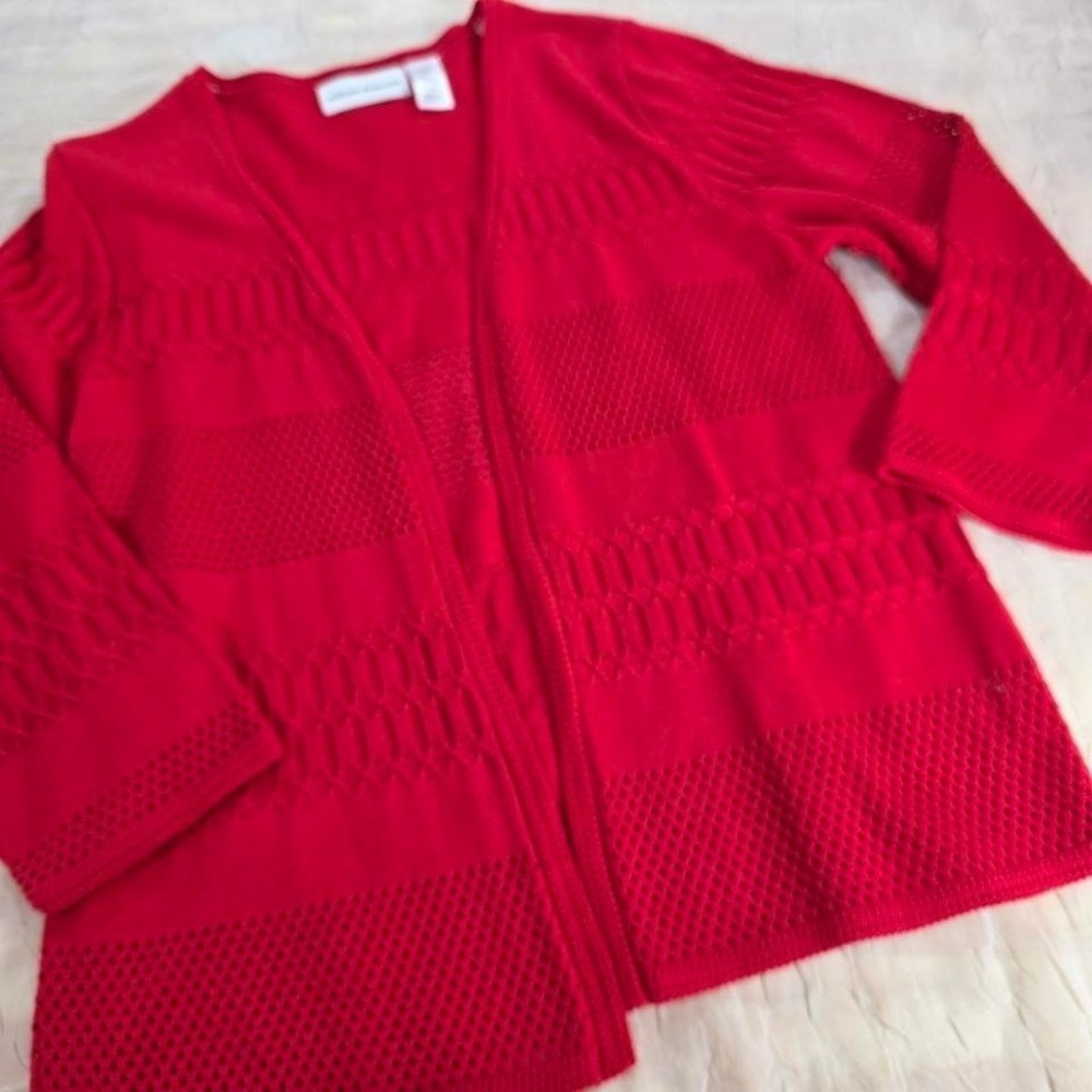 Alfred Dunner Red Open Front Cardigan Pointelle Knit Sweater Women Small Classic